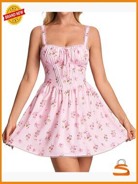 Corset Lace Up Mini Dress Square Neck A Line Flowy Summer Graduation